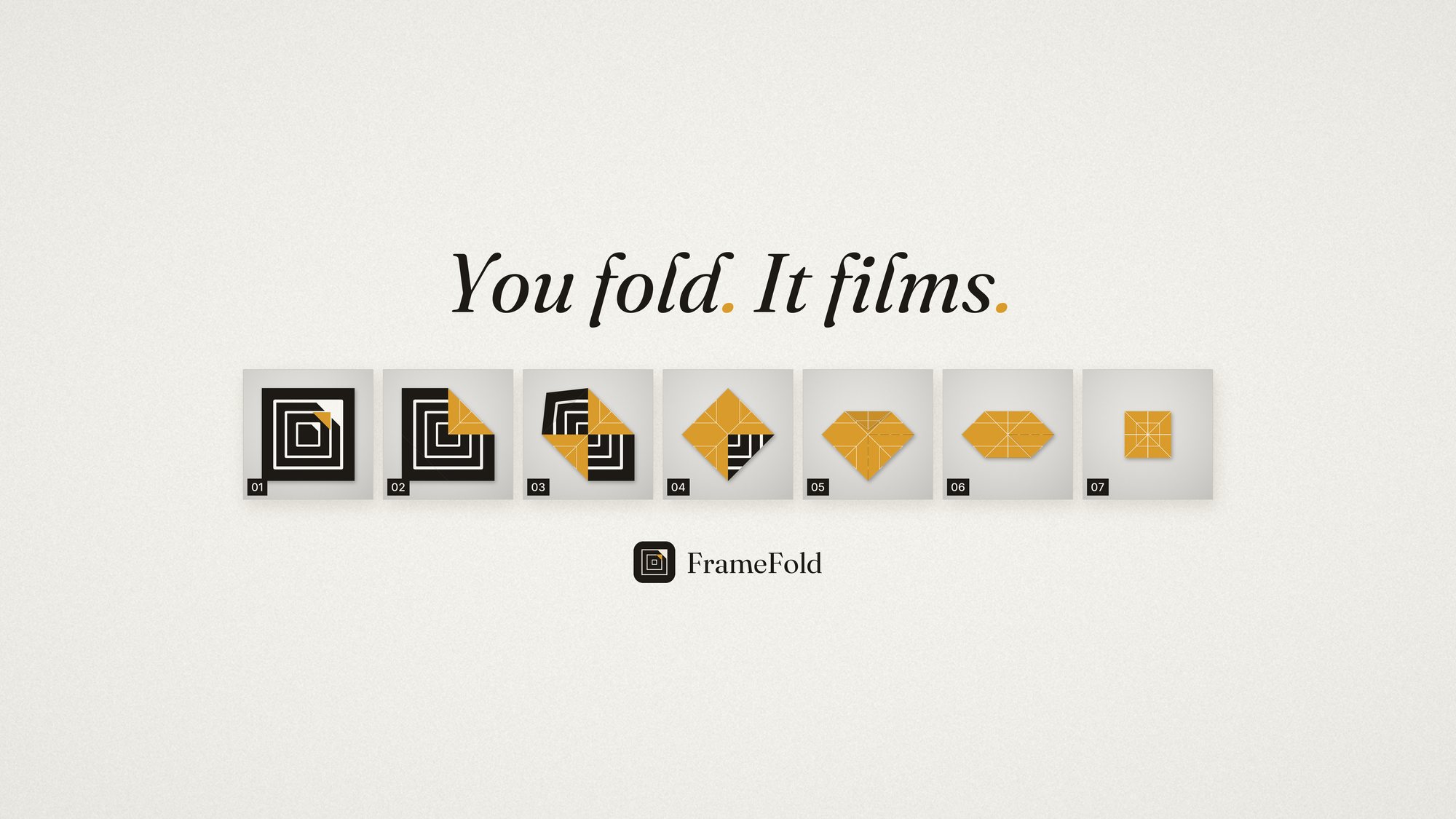 You fold. It films. Seven frames of a fold, numbered as on the contact sheet, with the FrameFold logo below
