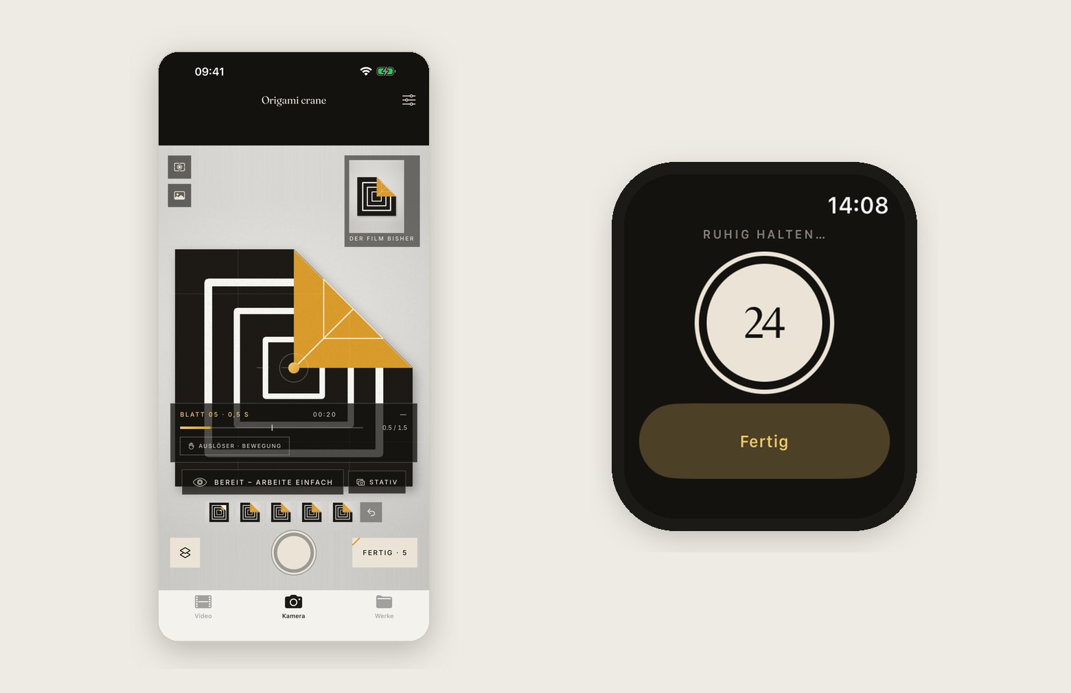 The FrameFold viewfinder on the iPhone next to the Apple Watch showing the frame count of a running capture