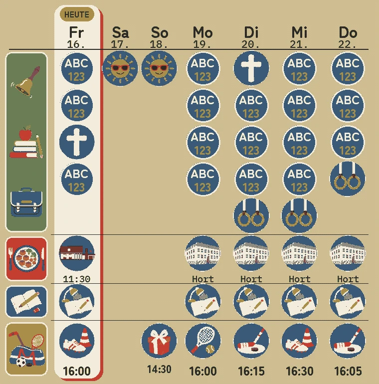 Der Wochenplan auf der Tafel: Zeilen als Bilder, Termine zur richtigen Zeit.
