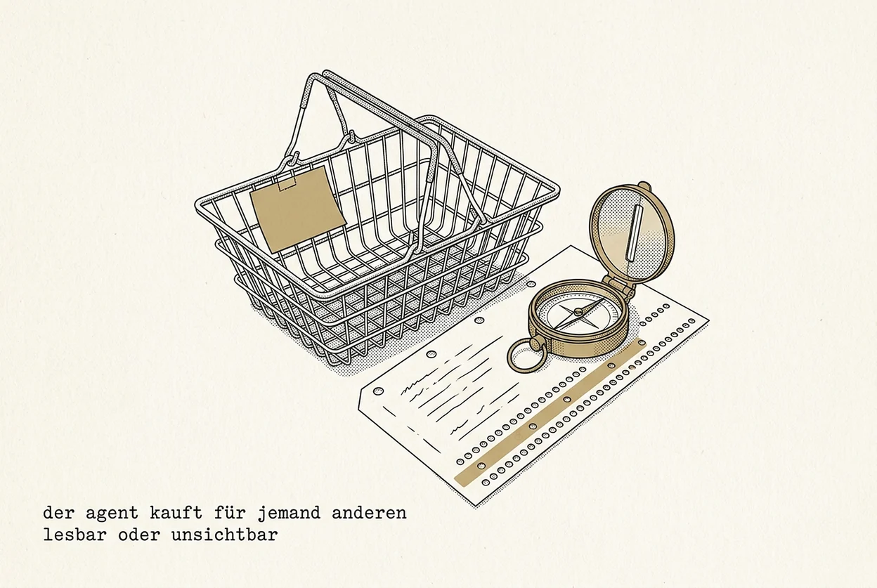 Still life in the style of a technical handbook illustration: an empty wire shopping basket with a golden note attached, an opened brass compass, and a punch card sheet with one row of holes in gold. The caption is in German.