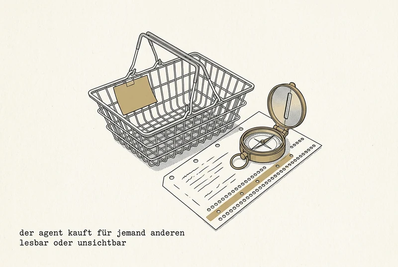 Still life in the style of a technical handbook illustration: an empty wire shopping basket with a golden note attached, an opened brass compass, and a punch card sheet with one row of holes in gold. The caption is in German.
