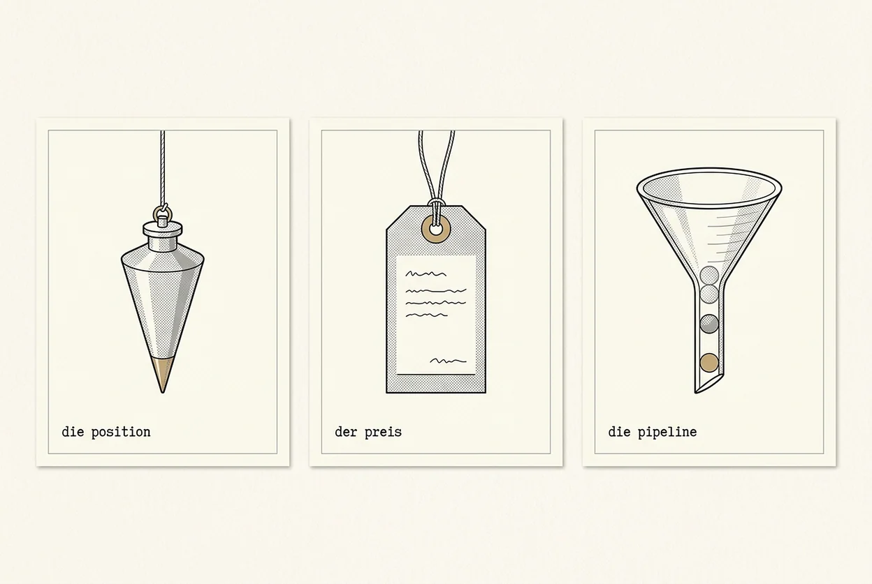 Drei Archivkarten im Stil einer technischen Handbuch-Illustration: ein Senkblei aus Messing mit goldener Spitze (die Position), ein Preisschild aus Karton mit goldener Öse (der Preis), ein gläserner Labortrichter mit wenigen Kugeln, die unterste golden (die Pipeline).