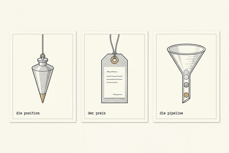 Three archive cards in the style of a technical handbook illustration: a brass plumb bob with a golden tip, a cardboard price tag with a golden eyelet, and a glass laboratory funnel with a few spheres, the lowest one golden. The captions are in German.