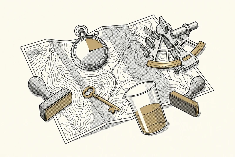 Titelbild der Ausgabe 01: Wanderkarte, Stoppuhr, Sextant, Schlüssel, Messbecher und Bürostempel als Halbton-Illustration.