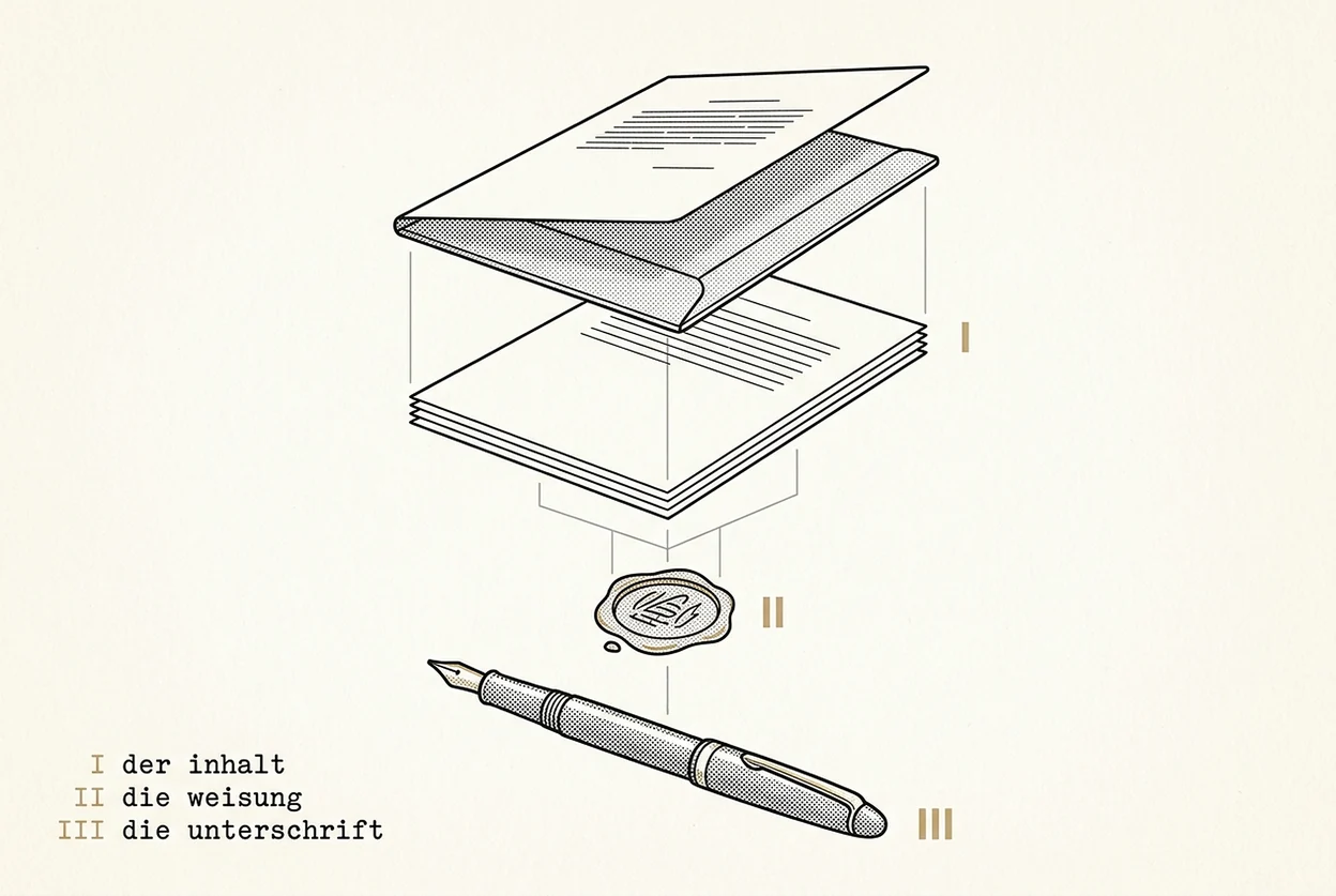 Exploded view of a contract folder in the style of a technical handbook illustration: the folder cover, below it the stack of contract sheets (I), a wax seal (II) and a fountain pen (III), connected by thin guide lines. The legend is in German.