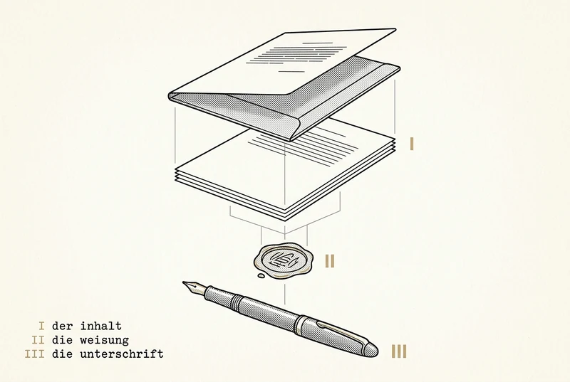 Exploded view of a contract folder in the style of a technical handbook illustration: the folder cover, below it the stack of contract sheets (I), a wax seal (II) and a fountain pen (III), connected by thin guide lines. The legend is in German.
