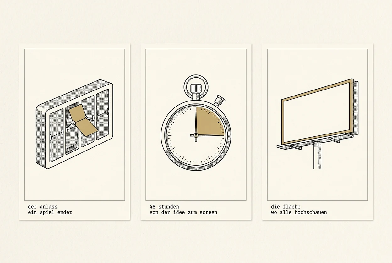 Three archive cards in the style of a technical handbook illustration: a mechanical split-flap display with one flap turning in gold, a stopwatch with a quarter of the dial marked in gold, and an empty large-format billboard with a golden frame. The captions are in German.