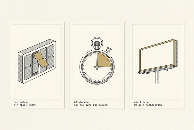 Three archive cards in the style of a technical handbook illustration: a mechanical split-flap display with one flap turning in gold, a stopwatch with a quarter of the dial marked in gold, and an empty large-format billboard with a golden frame. The captions are in German.