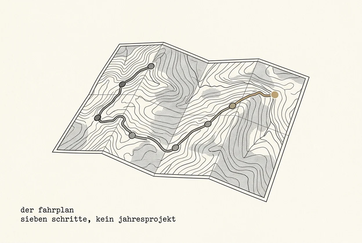 Eine aufgefaltete Wanderkarte mit Höhenlinien im Stil einer technischen Handbuch-Illustration, darauf eine Route mit sieben markierten Stationen, die letzte davon golden.