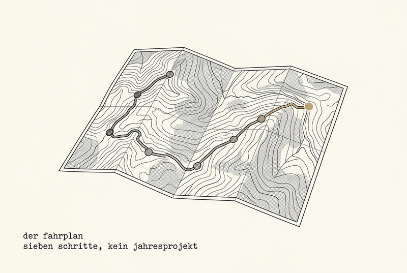 An unfolded contour map in the style of a technical handbook illustration, showing a route with seven marked stations, the last one in gold. The caption is in German.