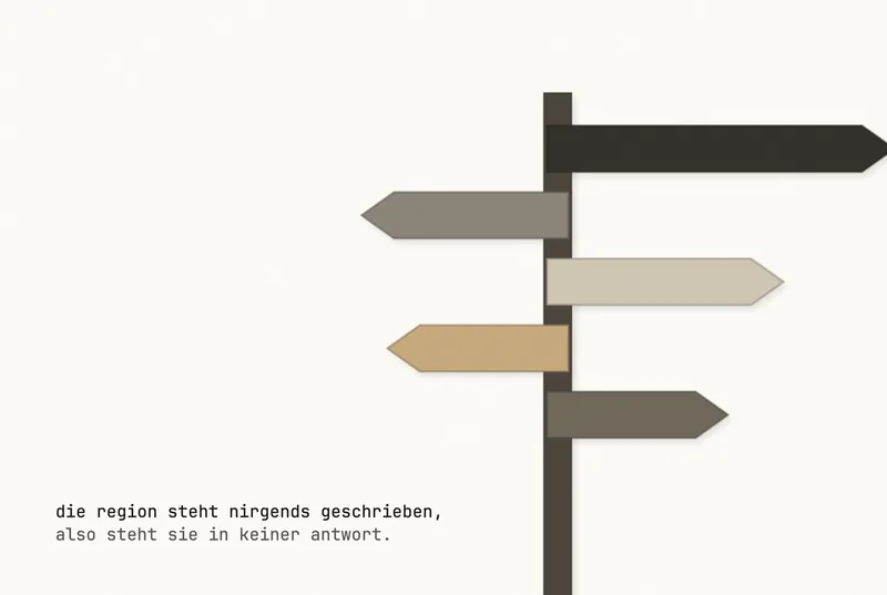Paper-cut collage: a fingerpost stands to the right of the frame and runs off the bottom edge. Five direction boards point alternately left and right, the topmost cropped at the right edge. Every board is blank, none carries any lettering; one of the boards pointing left is cut from gold paper.