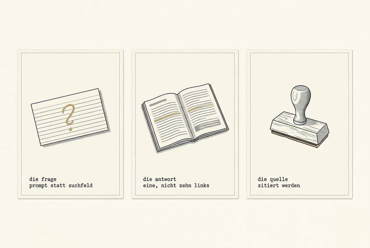 Three archive cards in the style of a technical handbook illustration: a lined index card with a large golden question mark, an open manual with one line highlighted in gold, and a wooden office stamp with a golden ink pad. The captions are in German.