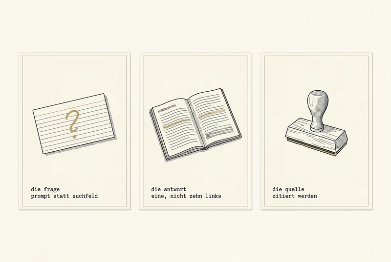 Three archive cards in the style of a technical handbook illustration: a lined index card with a large golden question mark, an open manual with one line highlighted in gold, and a wooden office stamp with a golden ink pad. The captions are in German.