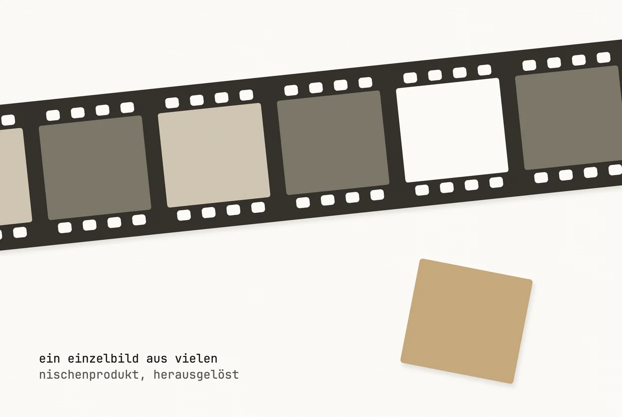 Papierschnitt-Collage: ein großer Filmstreifen aus dunklem Papier läuft leicht gedreht durch das Bild und ist links und rechts angeschnitten. Die Perforation ist ausgestanzt, der helle Grund scheint durch. Aus einem Fenster fehlt das Einzelbild, es liegt aus Goldpapier daneben.