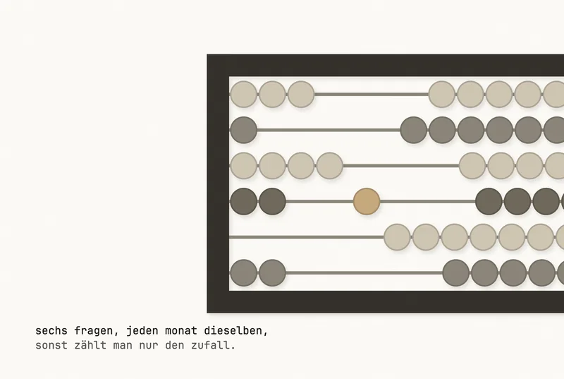 Paper-cut collage: a large abacus cut from dark paper lies in the frame, seen straight from above and cropped at the right edge; the pale ground shows through its cut-out window. Round beads in shades of grey sit on six horizontal rods, pushed into groups to the left and right. Exactly one bead is cut from gold paper and stands alone in the middle of its rod. The sheet is left empty on the left. The caption is in German.