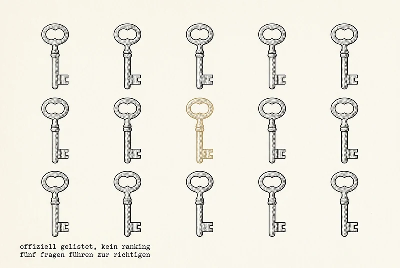 Fifteen identical old brass keys in a three-by-five grid in the style of a technical handbook illustration. Exactly the middle key is golden. The caption is in German.
