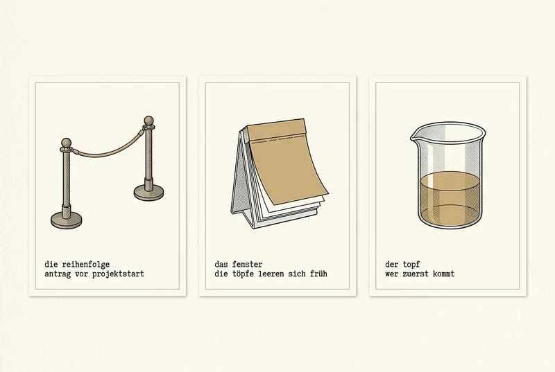 Three archive cards in the style of a technical handbook illustration: two brass posts with a golden rope barrier, a tear-off calendar with few sheets left, and a glass measuring beaker filled one third in gold. The captions are in German.