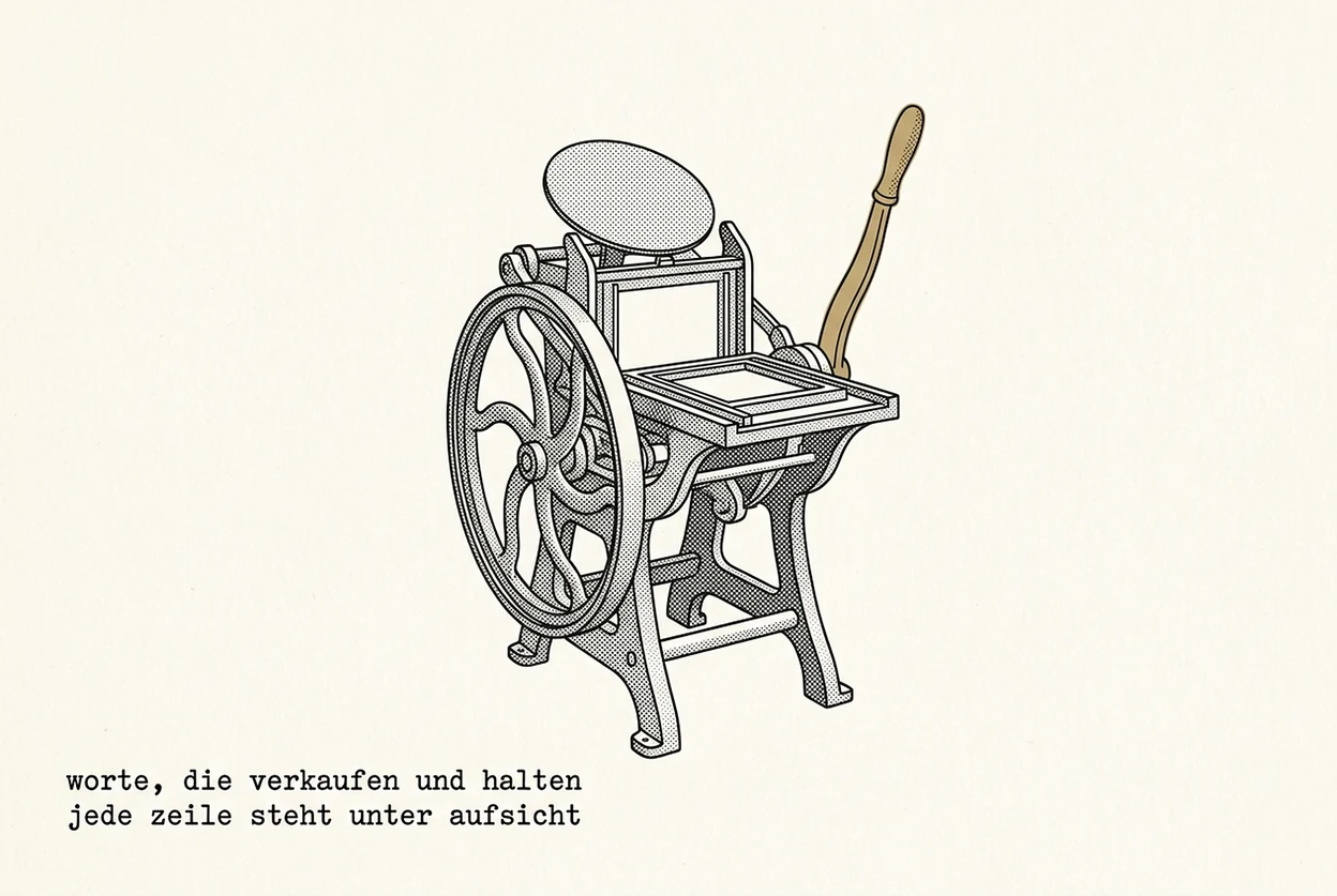 An old cast-iron platen printing press in the style of a technical handbook illustration, with flywheel and golden hand lever, the forme left empty. The caption is in German.