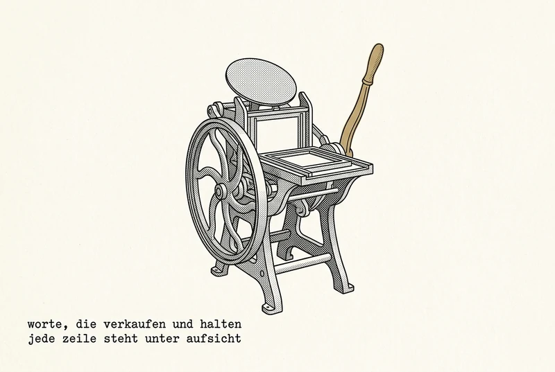 An old cast-iron platen printing press in the style of a technical handbook illustration, with flywheel and golden hand lever, the forme left empty. The caption is in German.