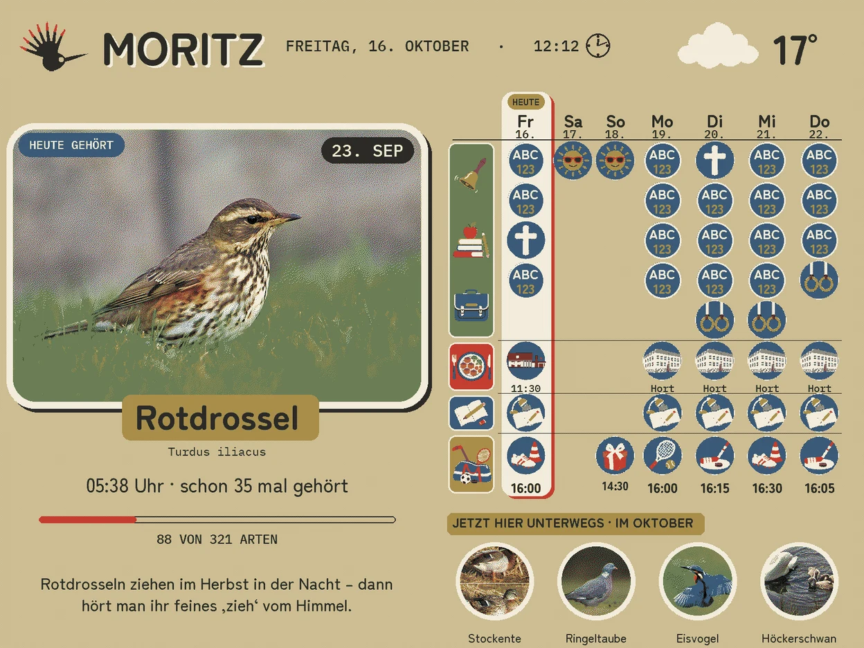 Die Tafel im Esszimmer: links der Vogel des Tages mit einem Satz Wissen, rechts Moritz' Woche in Bildern.