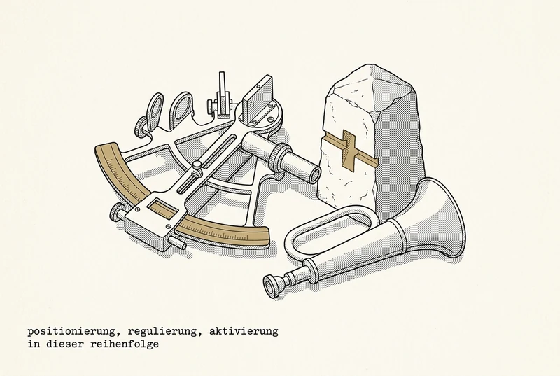 Still life in the style of a technical handbook illustration: a brass sextant with a golden scale arc, a stone boundary marker with a golden notch, and an old brass signal horn. The caption is in German.